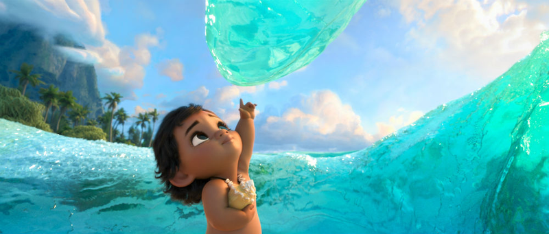 Young Moana meets the ocean for the first time.